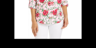 Charter Club Women's Linen-Blend Printed Tab-Sleeve Shirt Pink Size X-Large