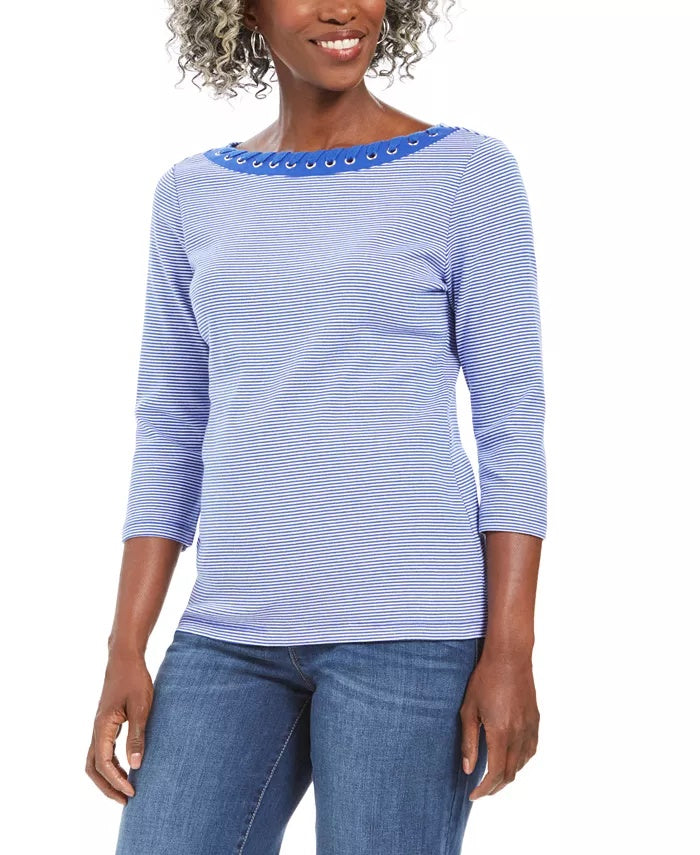 Karen Scott Blusa feminina pequena estampada de algodão com manga 3/4, azul, tamanho pequeno G