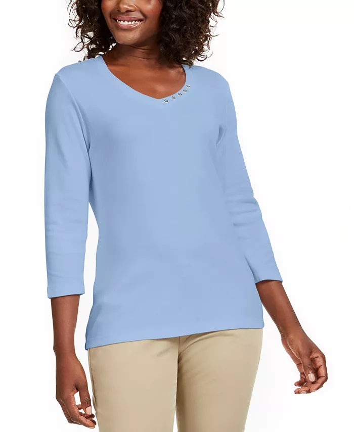 Blusa de algodão com decote grommet feminina Karen Scott, azul, tamanho pequeno