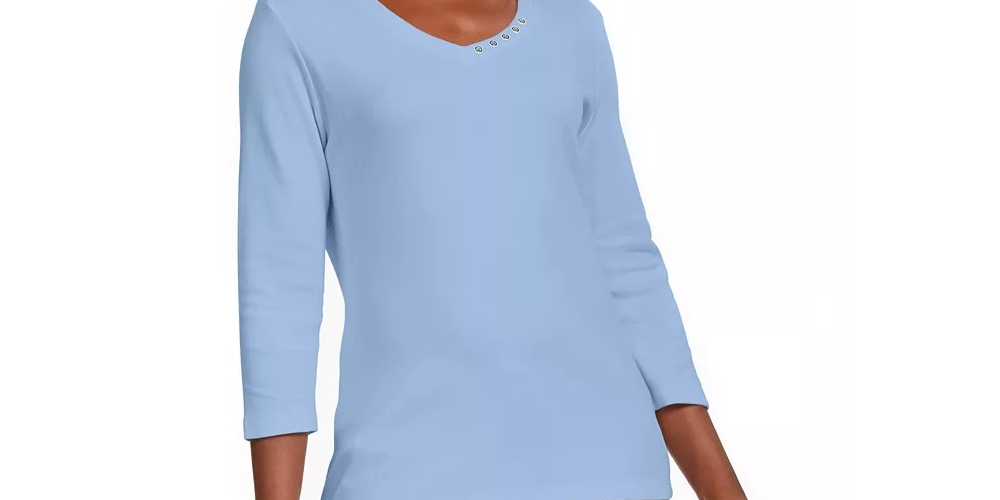 Blusa de algodão com decote grommet feminina Karen Scott, azul, tamanho pequeno