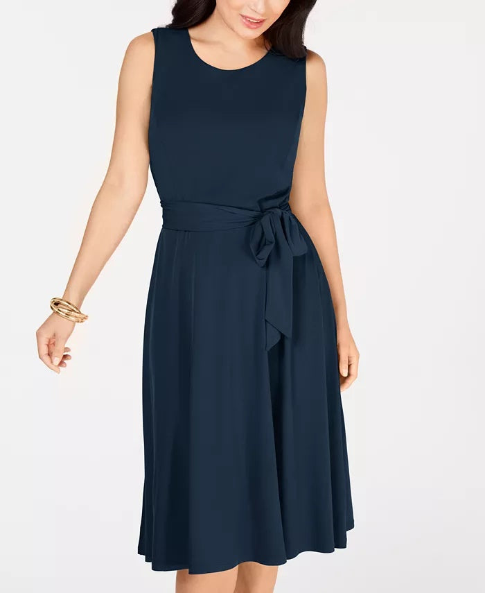 Vestido midi feminino Charter Club Petite com cinto, azul, tamanho médio