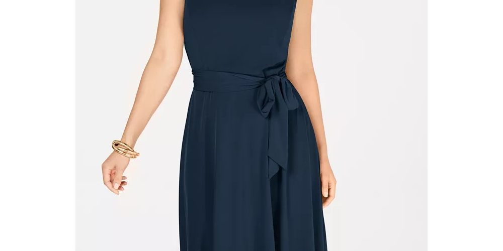Vestido midi feminino Charter Club Petite com cinto, azul, tamanho médio