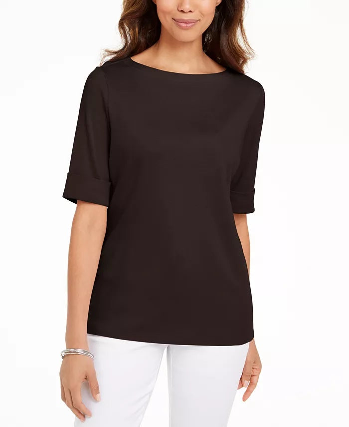 Karen Scott Blusa Feminina Gola Canoa Manga Cotovelo Marrom Tamanho Médio