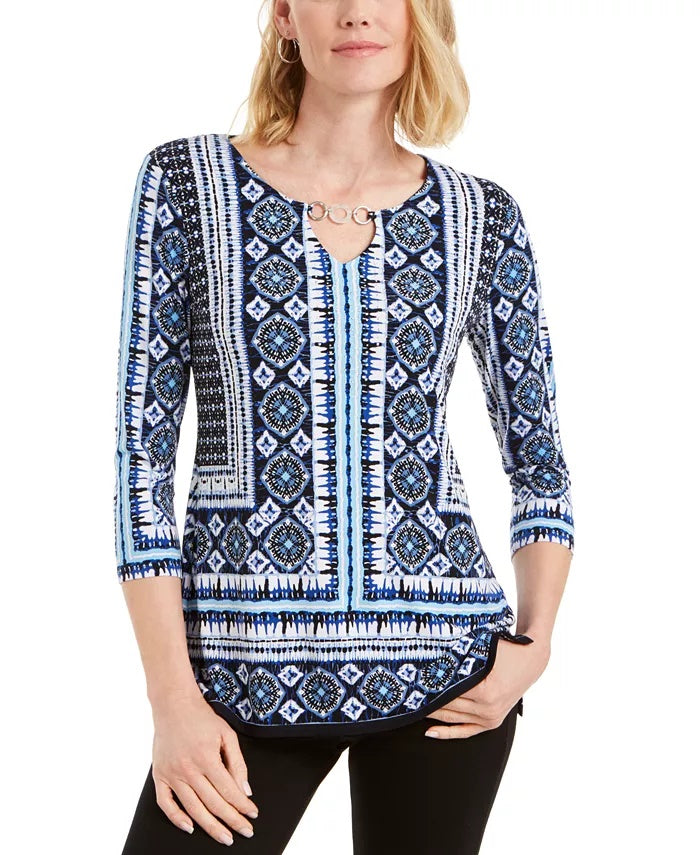 Top estampado com decote em V e decote em V feminino JM Collection, tamanho XX-G