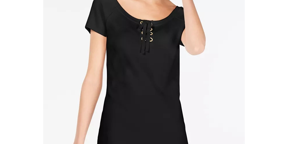 INC International Concepts Top feminino pequeno com cadarço e decote redondo, preto, tamanho médio