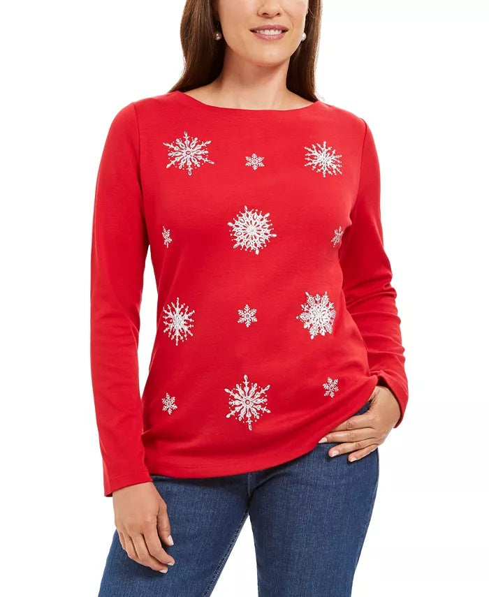 Karen Scott Top Feminino Pequeno com Floco de Neve Enfeitado Vermelho Tamanho PS