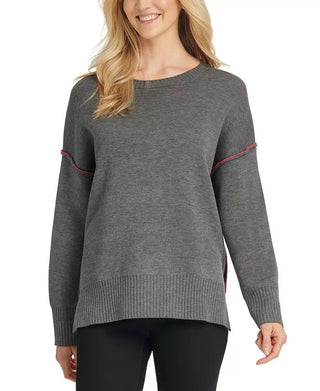 Suéter feminino DKNY de malha dupla com acabamento contrastante, cinza, tamanho grande
