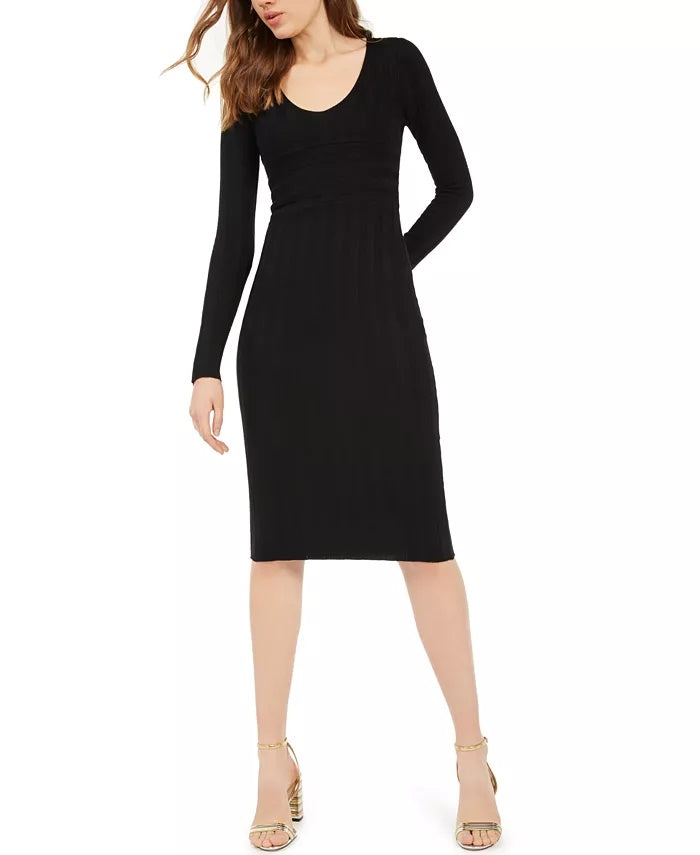 Vestido feminino Planet Gold preto, manga comprida, decote redondo abaixo do joelho, tamanho pequeno