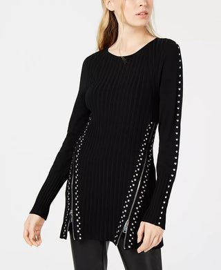 Suéter feminino com zíper e tachas Bar III, preto, tamanho médio