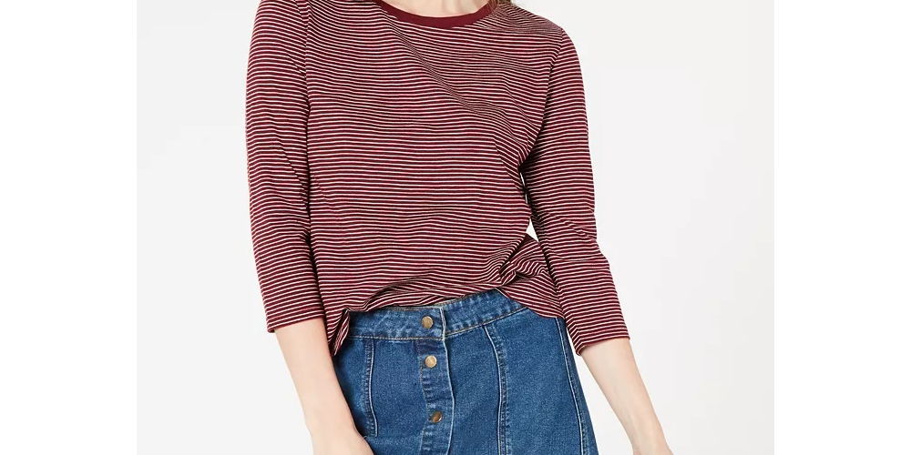 Camisa listrada feminina Maison Jules com manga 3/4, vinho, tamanho extrapequeno