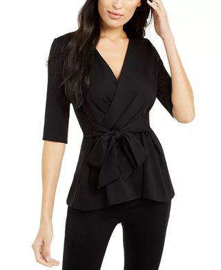 Alfani Top Feminino Petite com Manga Cotovelo e Envoltório Sintético, Preto, Tamanho Petite X-Large