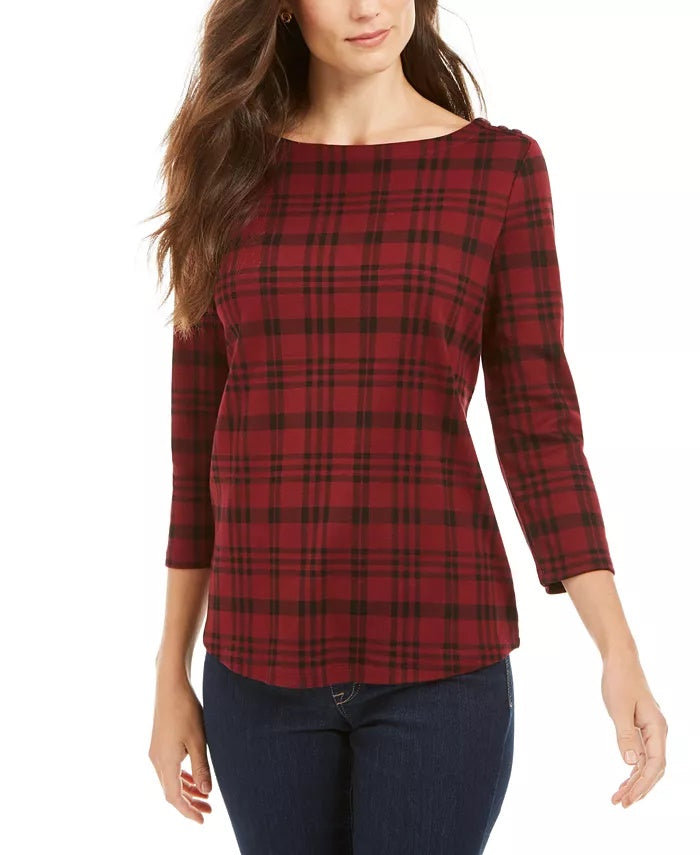Charter Club Petite Pima Cotton Women's Top com estampa de botões e ombros, tamanho pequeno, vermelho