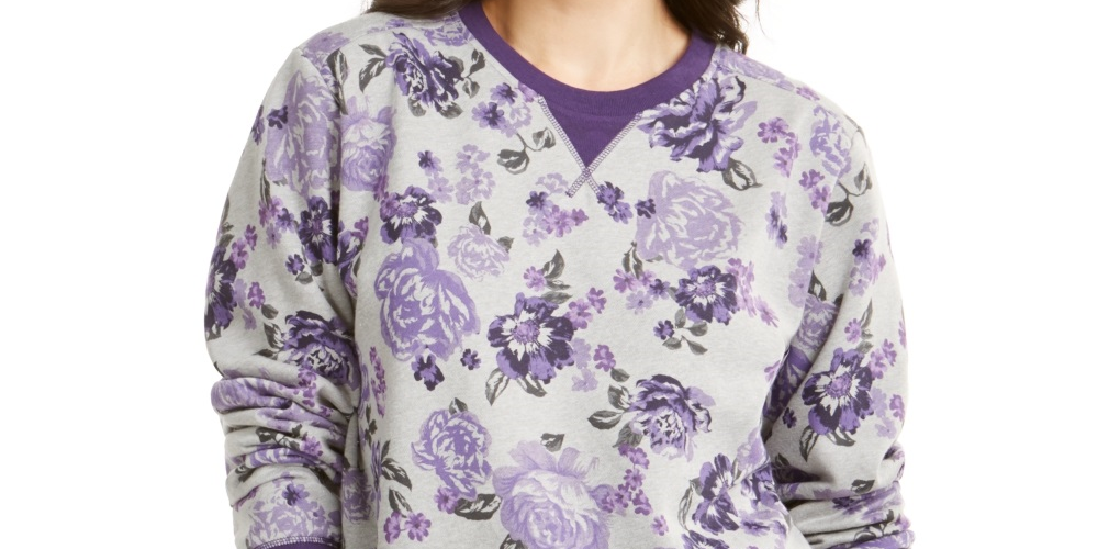 Moletom feminino Karen Scott com estampa de gola redonda, cinza/roxo, tamanho PXL