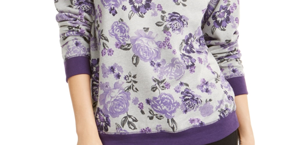 Moletom feminino Karen Scott com estampa de gola redonda, cinza/roxo, tamanho PXL