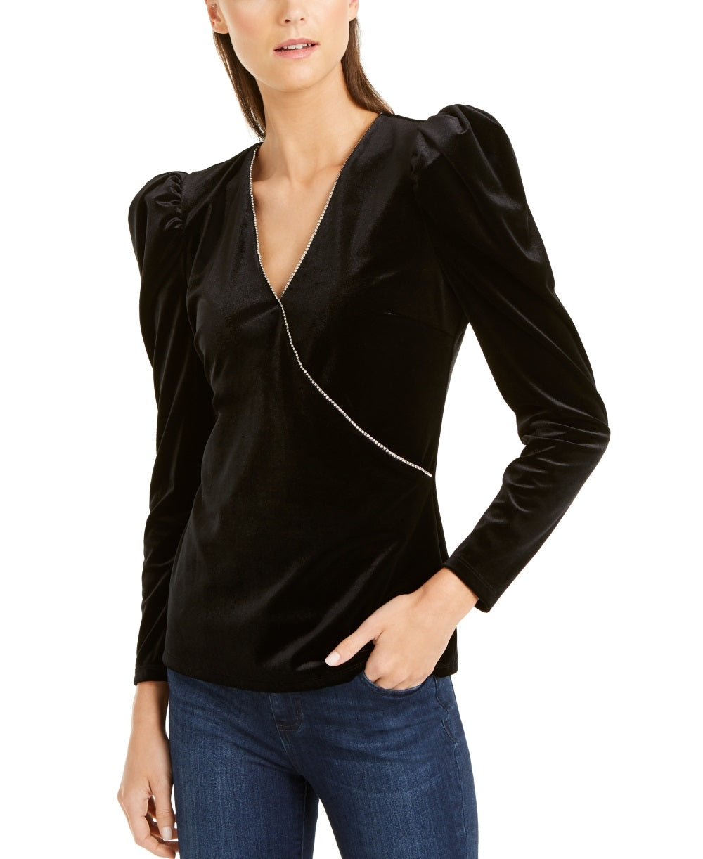 INC International Concepts Top feminino com decote em V e manga comprida com contas, preto, tamanho pequeno