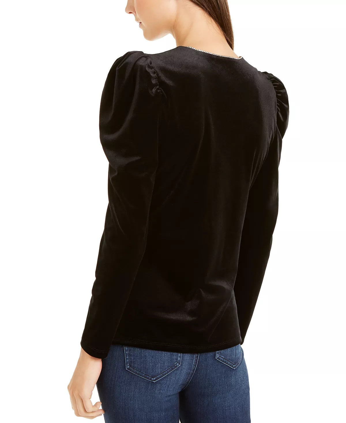INC International Concepts Top feminino com decote em V e manga comprida com contas, preto, tamanho pequeno