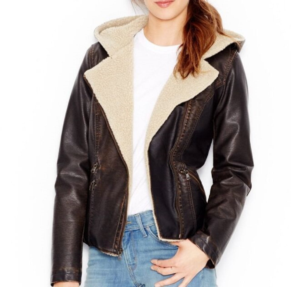 Jaqueta de motociclista feminina Levi's de couro sintético com capuz, marrom, tamanho X-S
