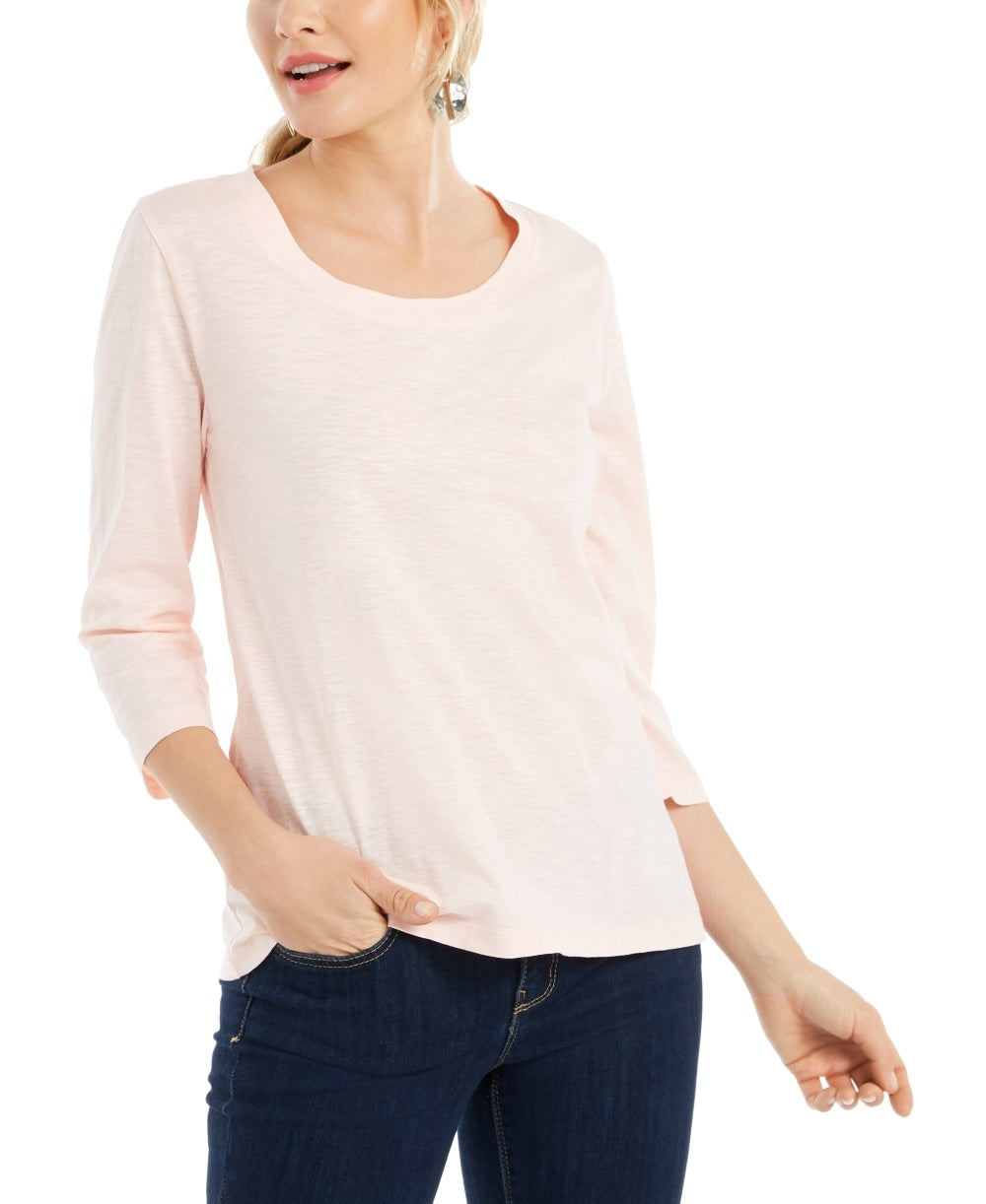 Blusa feminina estilo &amp; co, manga 3/4, decote redondo, rosa, tamanho médio