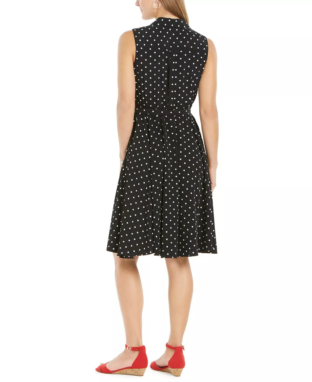 Vestido-camisa feminino com estampa de bolinhas e cinto, preto, tamanho 6