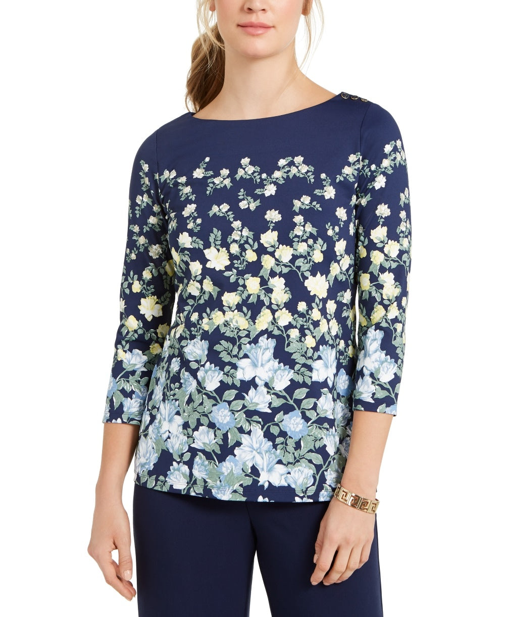 Charter Club Blusa feminina com estampa floral e decote canoa, azul, tamanho extragrande