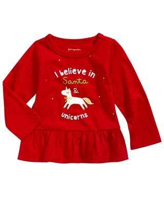 Camiseta infantil First Impressions com estampa de unicórnio e peplum de algodão, tamanho 6 a 9 meses, vermelha, 3 a 6 meses