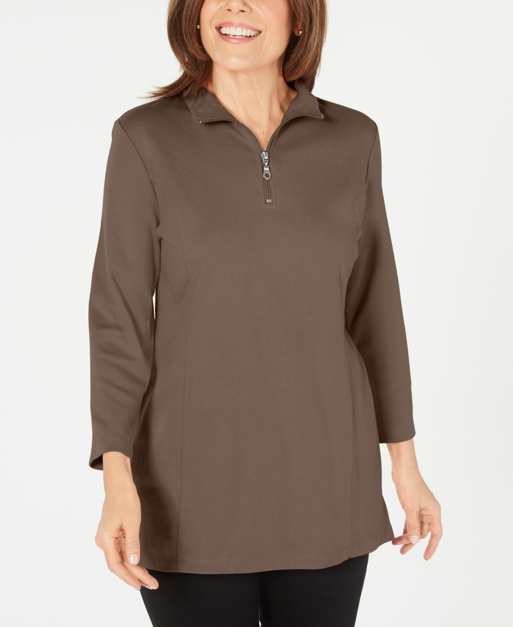Karen Scott Blusa feminina de algodão com meio zíper e gola alta, marrom, tamanho médio