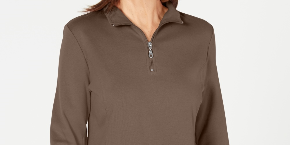 Karen Scott Blusa feminina de algodão com meio zíper e gola alta, marrom, tamanho médio