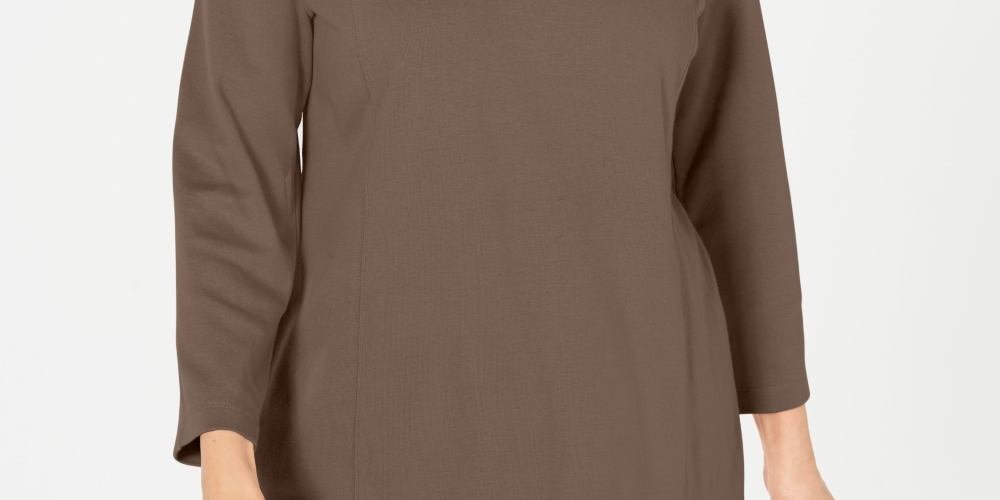 Karen Scott Blusa feminina de algodão com meio zíper e gola alta, marrom, tamanho médio