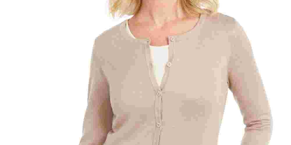 Karen Scott Cardigan Feminino Petite Colorblocked-Hem Bege Tamanho PL