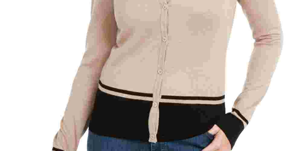 Karen Scott Cardigan Feminino Petite Colorblocked-Hem Bege Tamanho PL