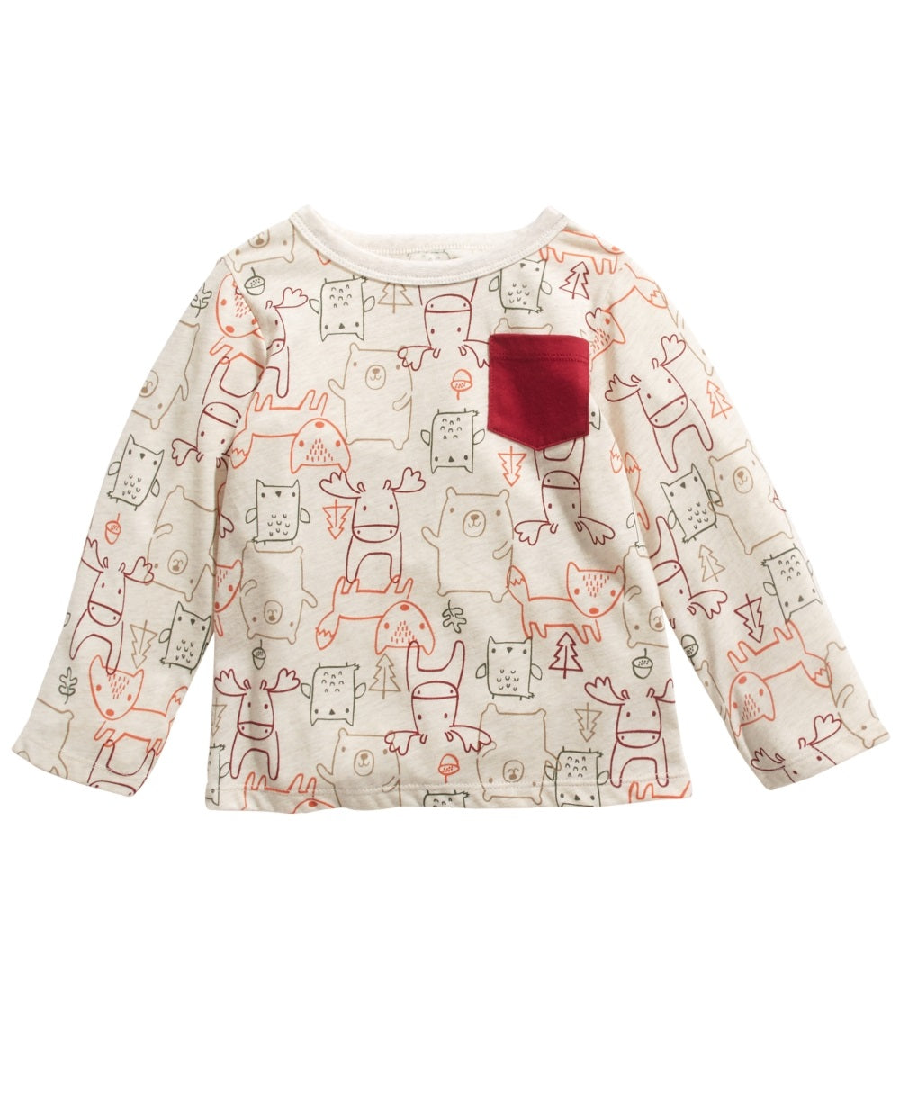 Camiseta manga longa infantil First Impressions com estampa de animais da floresta, bege, tamanho 12 meses