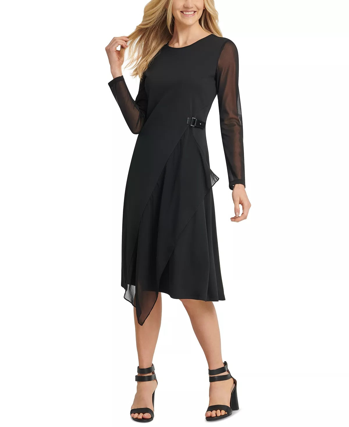 Vestido feminino DKNY de manga comprida com decote em joia abaixo do joelho para usar no trabalho, preto, tamanho pequeno