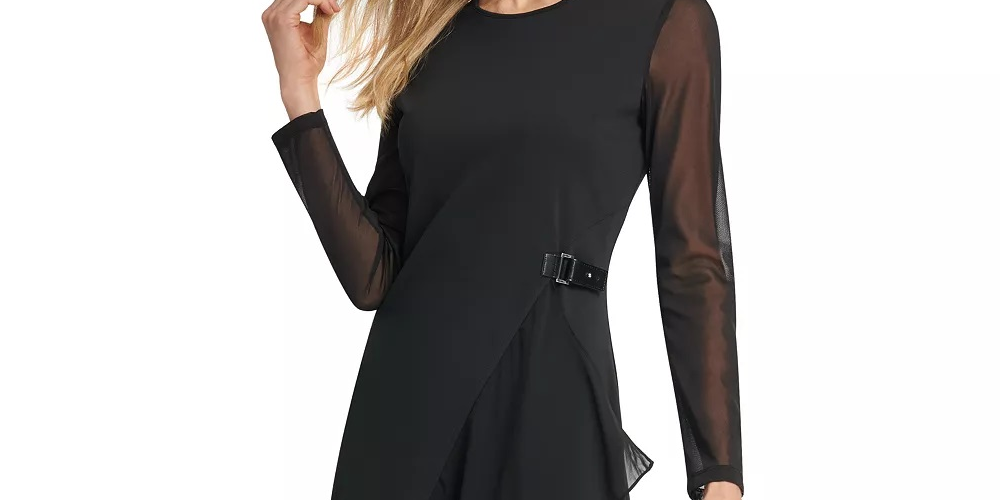 Vestido feminino DKNY de manga comprida com decote em joia abaixo do joelho para usar no trabalho, preto, tamanho pequeno