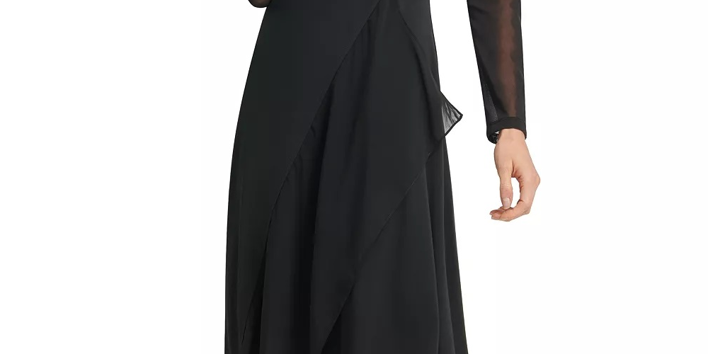 Vestido feminino DKNY de manga comprida com decote em joia abaixo do joelho para usar no trabalho, preto, tamanho pequeno