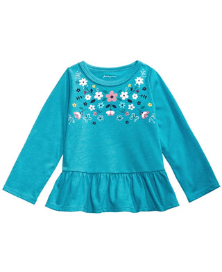 Túnica infantil First Impressions Baby Girl de algodão com estampa floral e bainha peplum, azul, tamanho 6-9 meses