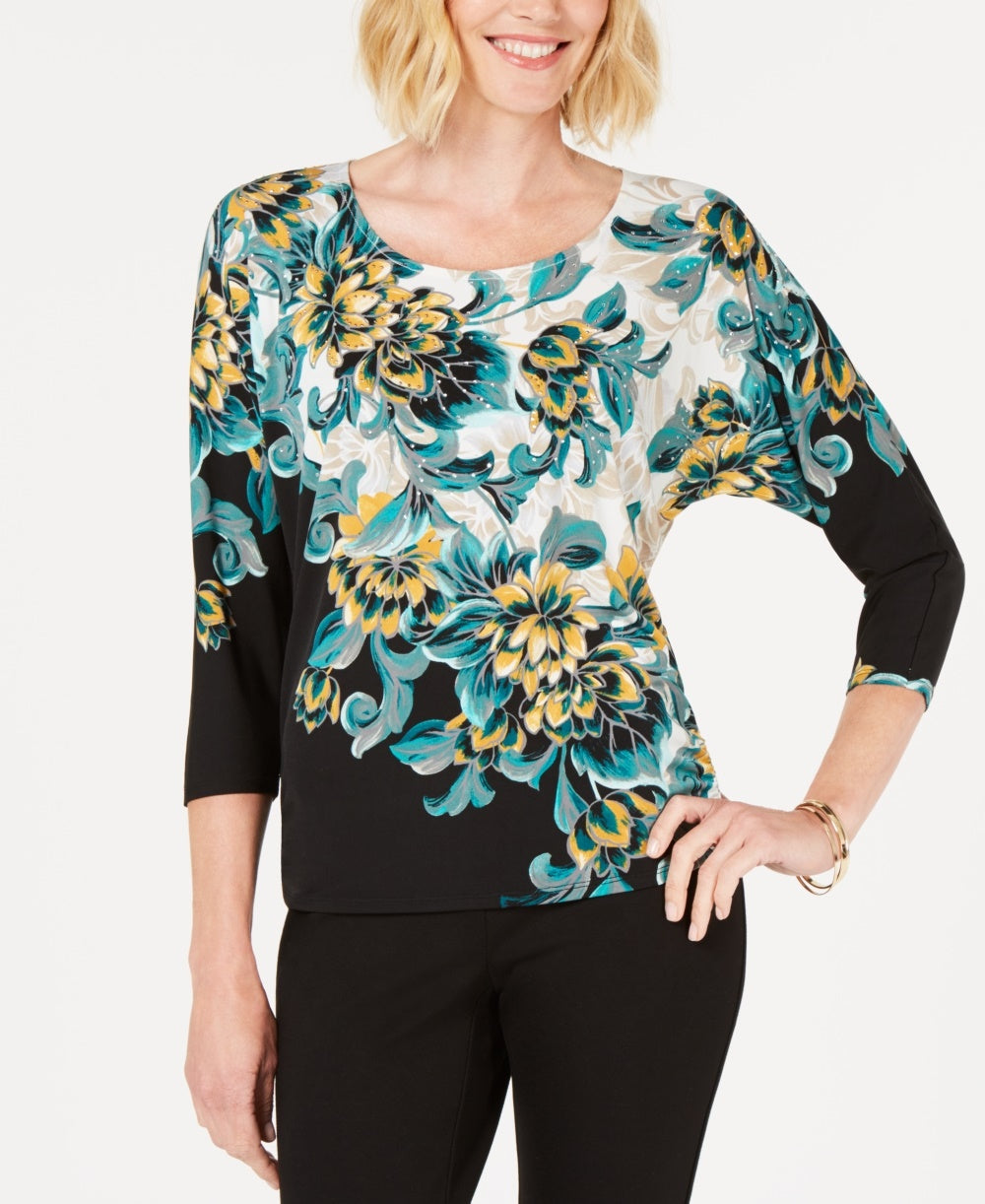 JM Collection Top feminino estampado com manga dolman e detalhes pequenos, preto, tamanho pequeno