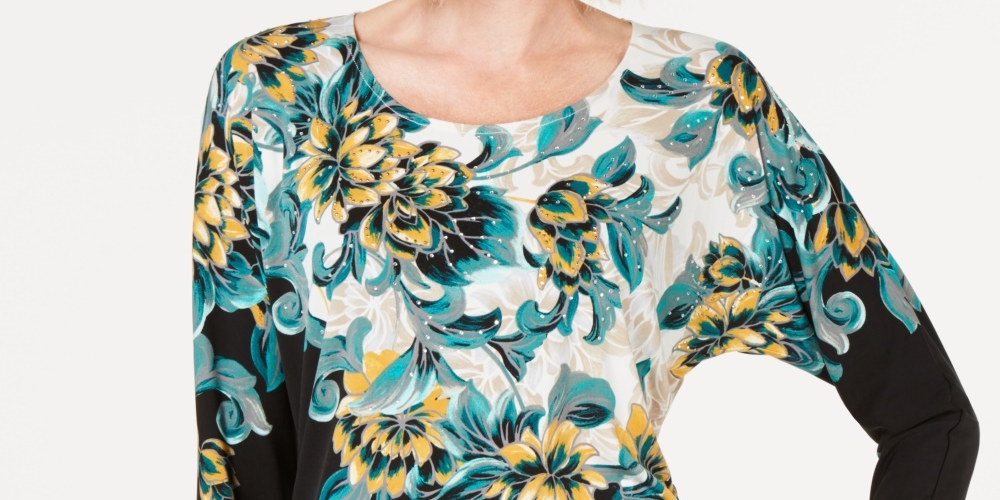 JM Collection Top feminino estampado com manga dolman e detalhes pequenos, preto, tamanho pequeno