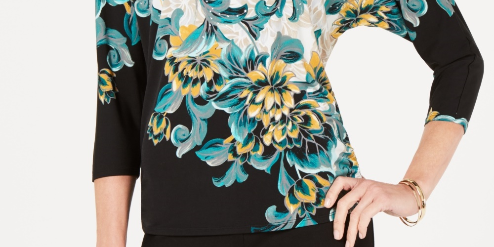 JM Collection Top feminino estampado com manga dolman e detalhes pequenos, preto, tamanho pequeno