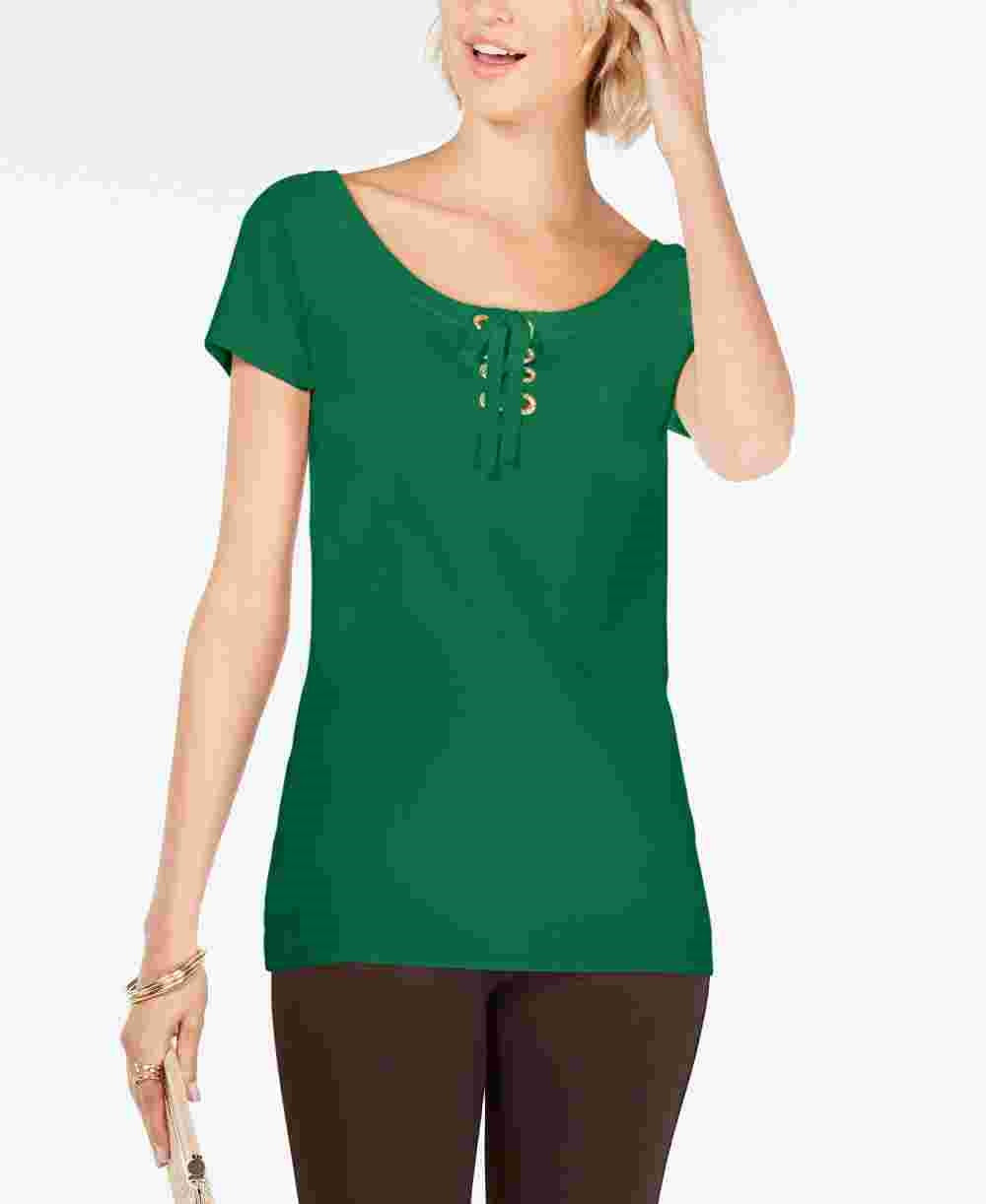 INC International Concepts Camiseta feminina lisa, manga curta, gola redonda, verde, tamanho pequeno