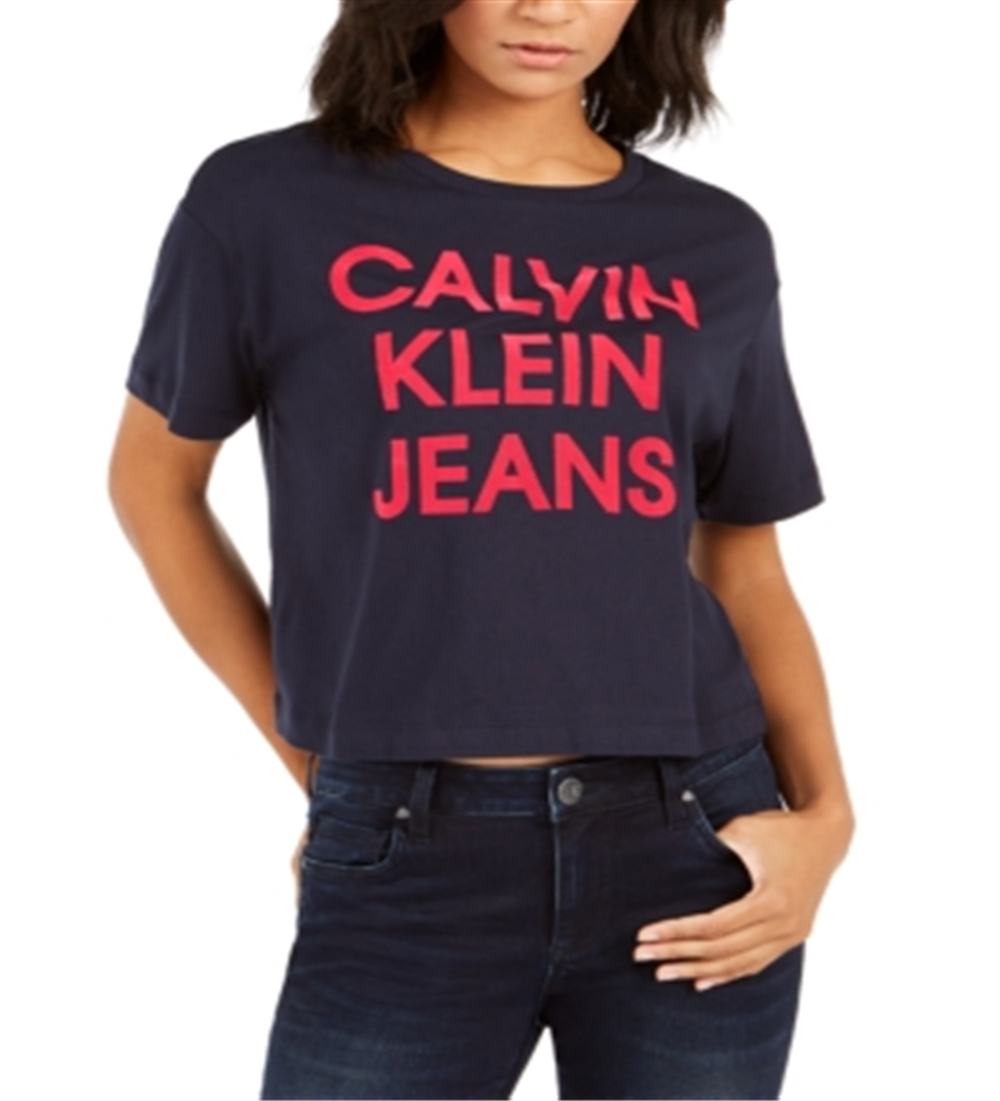 Camiseta jeans feminina Calvin Klein cropped com logo azul tamanho G