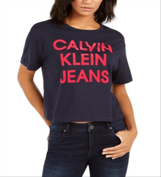 Camiseta jeans feminina Calvin Klein cropped com logo azul tamanho G