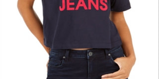Camiseta jeans feminina Calvin Klein cropped com logo azul tamanho G