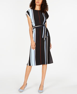 Vestido midi listrado com cinto Alfani feminino, preto, tamanho 8, pequeno