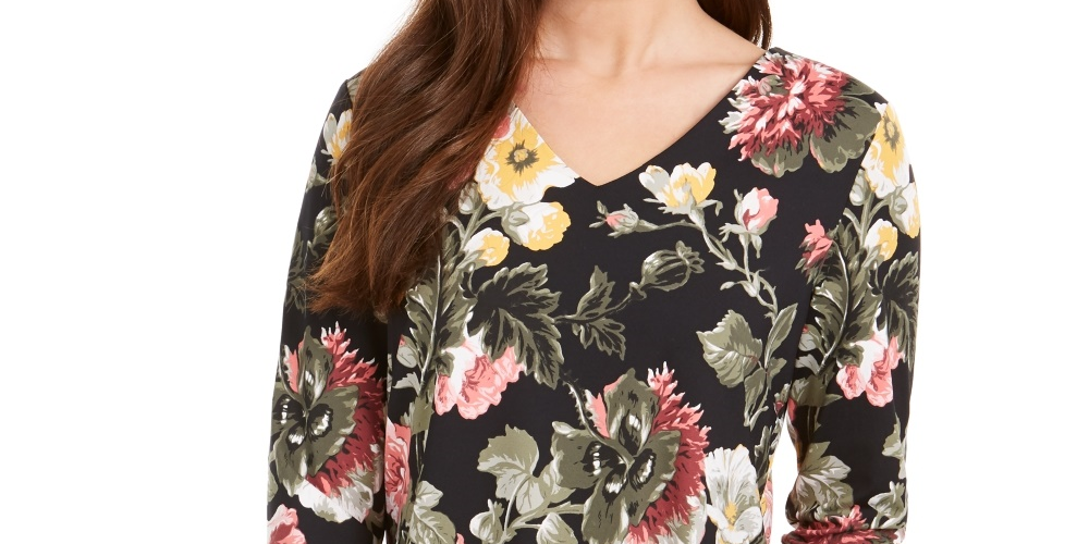 Charter Club Feminino Garden Estampado Gola V Top Preto Tamanho P