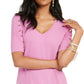 Blusa feminina Thalia Sodi com mangas abotoadas e decote em V, rosa, tamanho grande