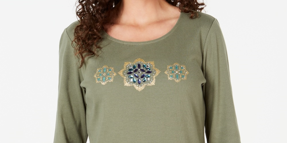 Blusa feminina Karen Scott de algodão com glitter e estampa floral, verde, tamanho XX-G