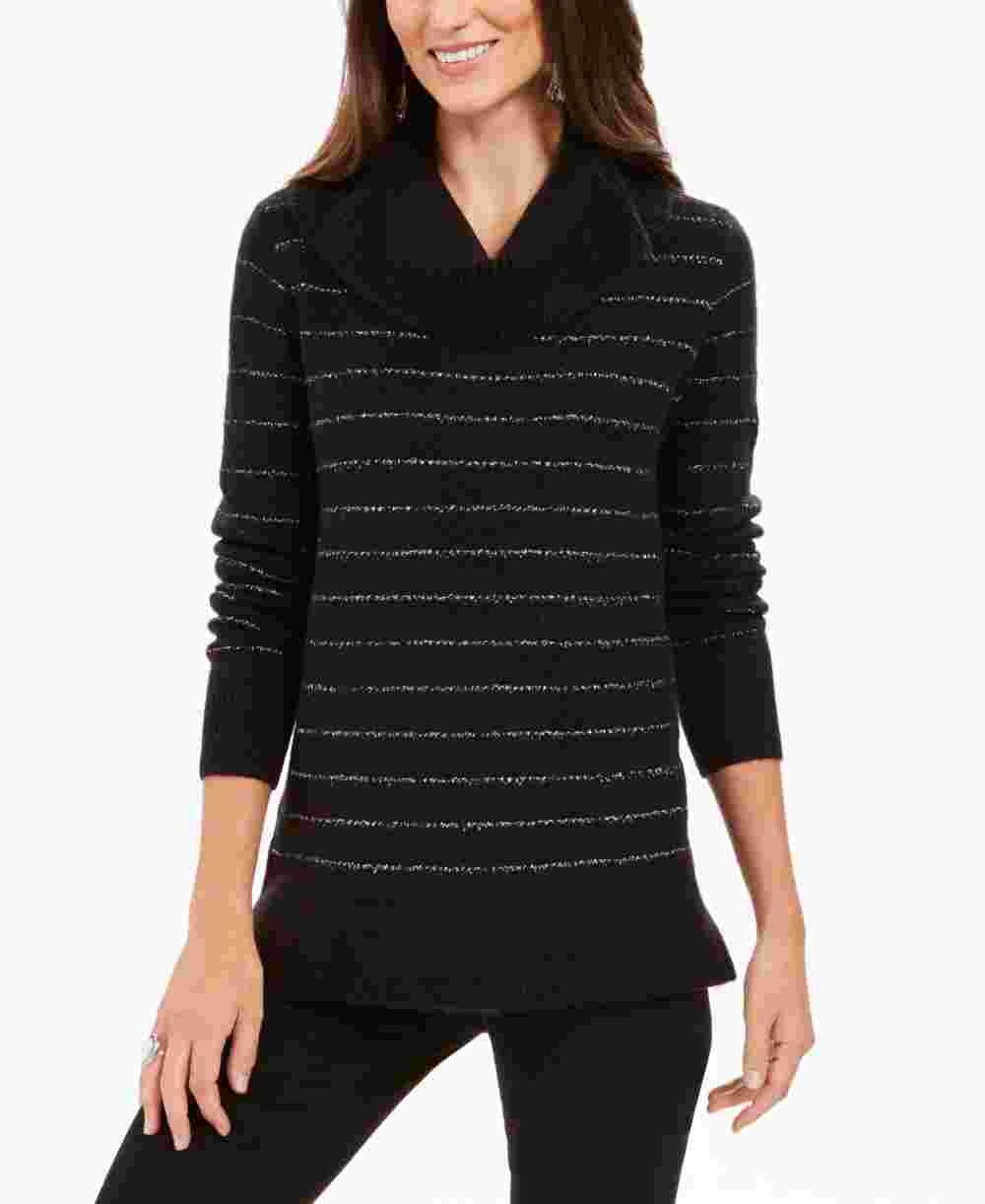 Suéter feminino preto com decote em V e manga 3/4 embelezada Style &amp; Company, preto, PP