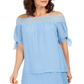 JM Collection Blusa feminina de gaze com ombros de fora e franzido, azul, tamanho XX-G