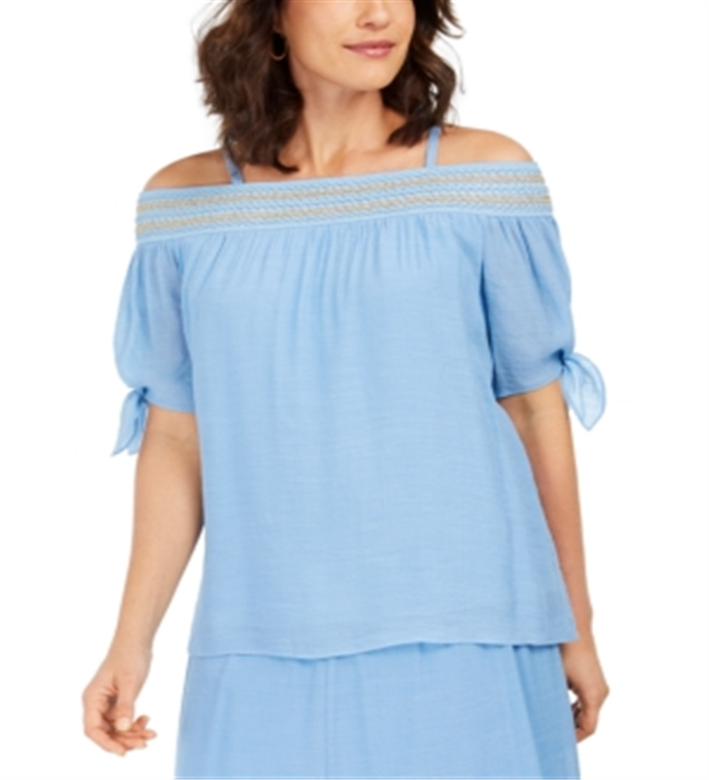 JM Collection Blusa feminina de gaze com ombros de fora e franzido, azul, tamanho XX-G