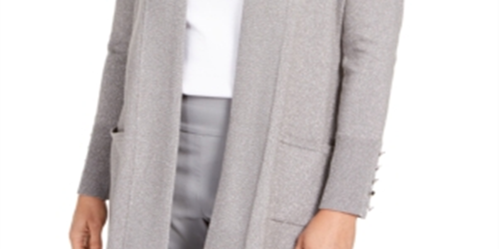 Cardigan metálico com mangas de encaixe JM Collection feminino, cinza, tamanho pequeno